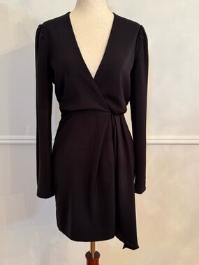 WAYF Black Faux Wrap Mini Dress Long Sleeve Deep V Twist Waist Asymmetric XS/S
